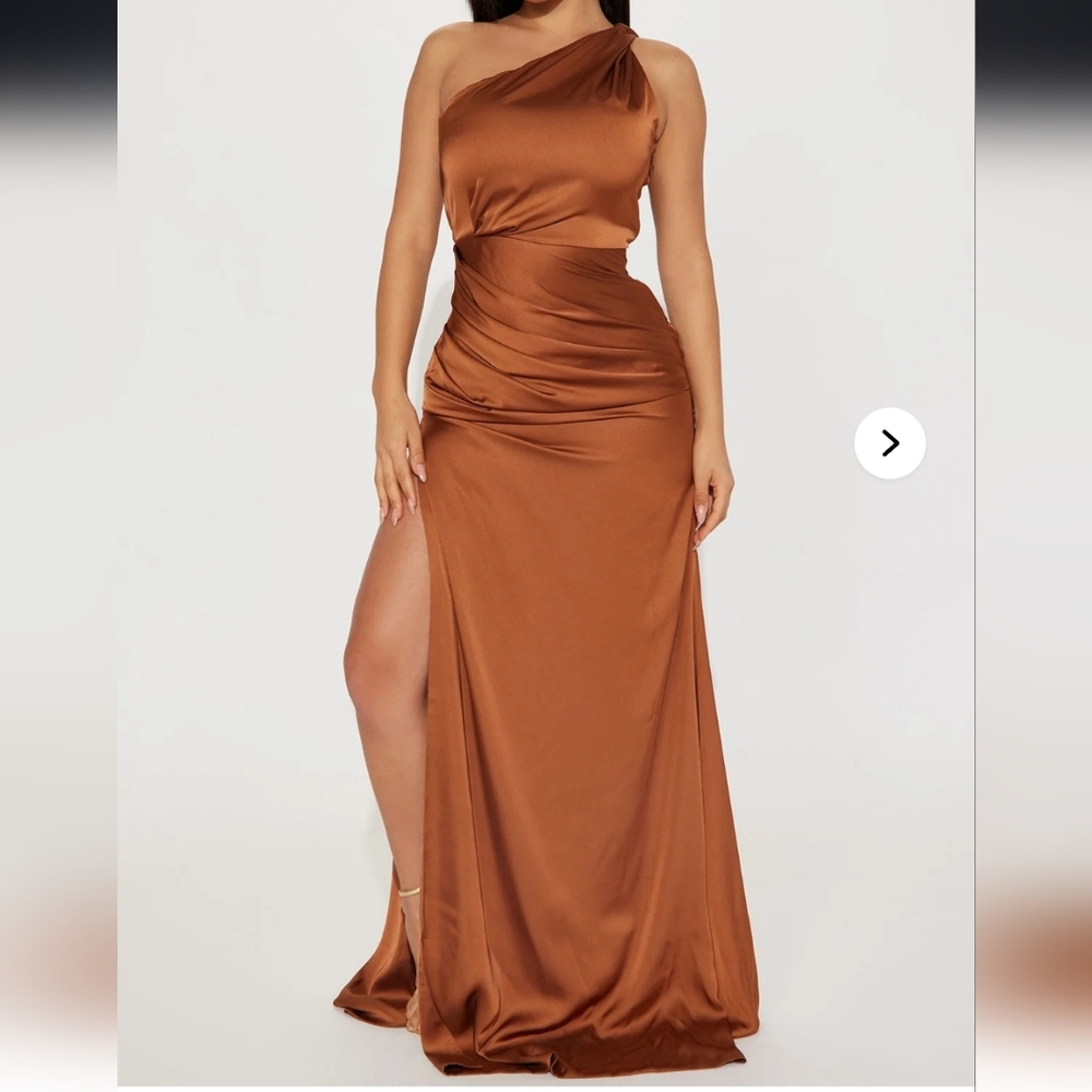 Fashion Nova One-Shoulder Satin Maxi Dress in Brown Style: Samantha